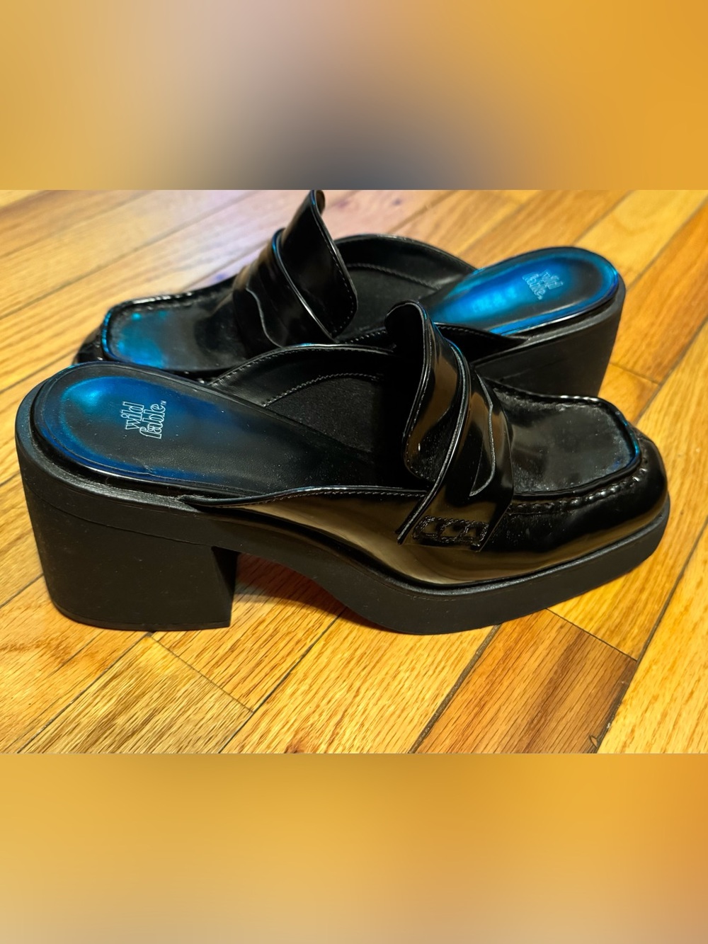 Black Patent Platform Mule chunky Heels